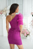 Chic One Shoulder Dress with Crinkled Sleeves and Bow Detail