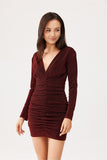 Elegant Brocade Mini Dress with Ruching and Long Sleeves