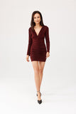 Elegant Brocade Mini Dress with Ruching and Long Sleeves