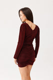 Elegant Brocade Mini Dress with Ruching and Long Sleeves