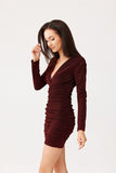 Elegant Brocade Mini Dress with Ruching and Long Sleeves