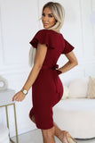 Elegant Burgundy Dress with Envelope Neckline & Leg Slit