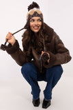 Trendy Earflap Beanie with Geometric Pattern & Pom-Pom
