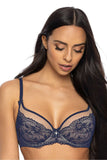 Elegant Navy Blue Lace Trim Soft Bra with Jewelry Accent