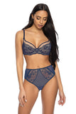Elegant Navy Blue Lace Trim Soft Bra with Jewelry Accent