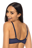 Elegant Navy Blue Lace Trim Soft Bra with Jewelry Accent