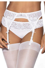 Charming Floral Lace Garter Belt with Striped Bows - white / 38