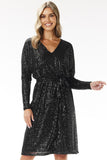 Elegant Sequin Trapeze Midi Dress with V-Neck for Occasions