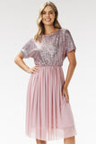 Elegant Sequined Tulle Midi Kimono Evening Dress