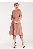 Elegant Pleated Midi Dress with Belted Waist and Zipper Back