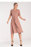 Elegant Pleated Midi Dress with Belted Waist and Zipper Back