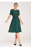 Elegant Pleated Midi Dress with Waist Tie and Boat Neckline
