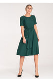 Elegant Pleated Midi Dress with Waist Tie and Boat Neckline