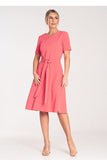 Elegant Pleated Midi Dress with Belted Waist and Boat Neckline