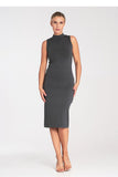 Chic Fitted Midi Dress with Stand-Up Collar and Zipper Back