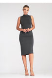 Chic Fitted Midi Dress with Stand-Up Collar and Zipper Back