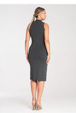 Chic Fitted Midi Dress with Stand-Up Collar and Zipper Back