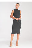 Chic Fitted Midi Dress with Stand-Up Collar and Zipper Back