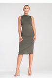 Chic Fitted Midi Dress with Stand-Up Collar and Zipper Back
