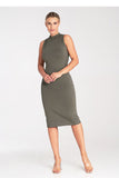 Chic Fitted Midi Dress with Stand-Up Collar and Zipper Back