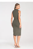 Chic Fitted Midi Dress with Stand-Up Collar and Zipper Back