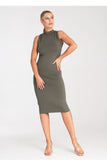 Chic Fitted Midi Dress with Stand-Up Collar and Zipper Back