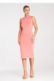Chic Fitted Sleeveless Midi Dress with Stand-Up Collar