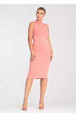Chic Fitted Sleeveless Midi Dress with Stand-Up Collar