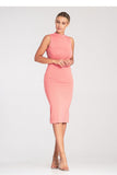 Chic Fitted Sleeveless Midi Dress with Stand-Up Collar