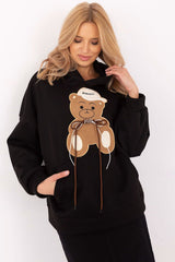 Cozy Women's Hooded Sweatshirt with Cute Teddy Bear Patches - black / one-size-fits-all