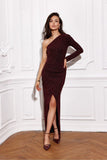 Asymmetrical Brocade Maxi Dress with Ruching and Zipper