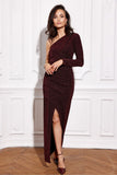 Asymmetrical Brocade Maxi Dress with Ruching and Zipper