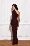 Asymmetrical Brocade Maxi Dress with Ruching and Zipper