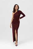 Asymmetrical Brocade Maxi Dress with Ruching and Zipper