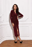 Elegant Brocade Midi Dress with Long Sleeves and Slit
