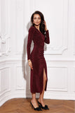 Elegant Brocade Midi Dress with Long Sleeves and Slit