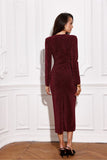 Elegant Brocade Midi Dress with Long Sleeves and Slit