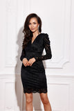 Elegant Lace Mini Dress with Wrap-Over Top and Puffy Sleeves