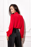Elegant Blouse with Puffy Sleeves and Decorative Tie Neckline