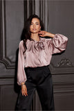 Elegant Satin Blouse with Puffy Sleeves and Laced Neckline