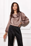 Elegant Satin Blouse with Puff Sleeves and Floral Detail