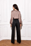 Elegant Satin Blouse with Puff Sleeves and Floral Detail