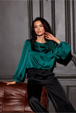 Elegant Satin Blouse with Rose Detail & Puffy Sleeves