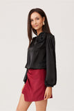 Elegant Satin Blouse with Puff Sleeves and Floral Detail