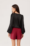 Elegant Satin Blouse with Puff Sleeves and Floral Detail