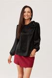 Elegant Satin Blouse with Puff Sleeves and Floral Detail