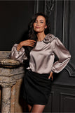 Elegant Satin Blouse with Puffy Sleeves and Rose Detail