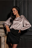 Elegant Satin Blouse with Puffy Sleeves and Rose Detail