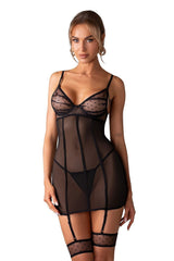 Luxurious Mesh Nightshirt with Detachable Garters & Boning - black / S/M