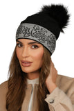Elegant Black Women's Hat with Faux Fur Pom Pom & Floral Beads